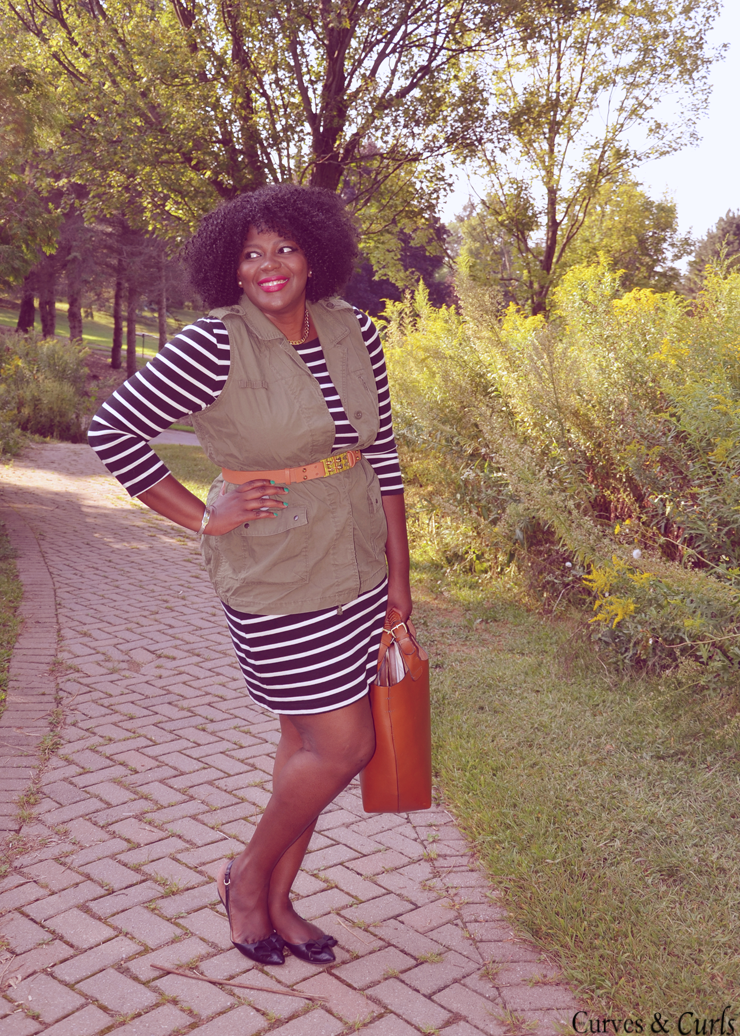 How to wear a layer a striped dress add an utility vest