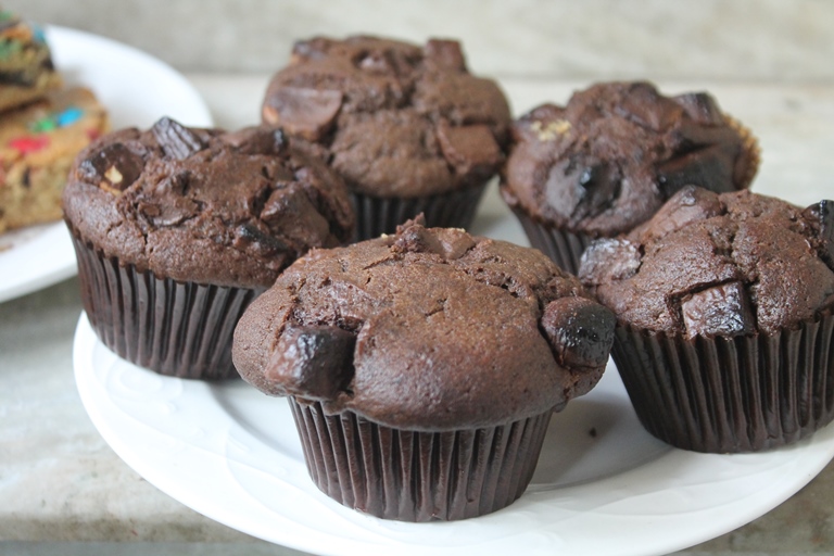Bakery Style Double Chocolate Chunk Muffins Recipe Yummy Tummy
