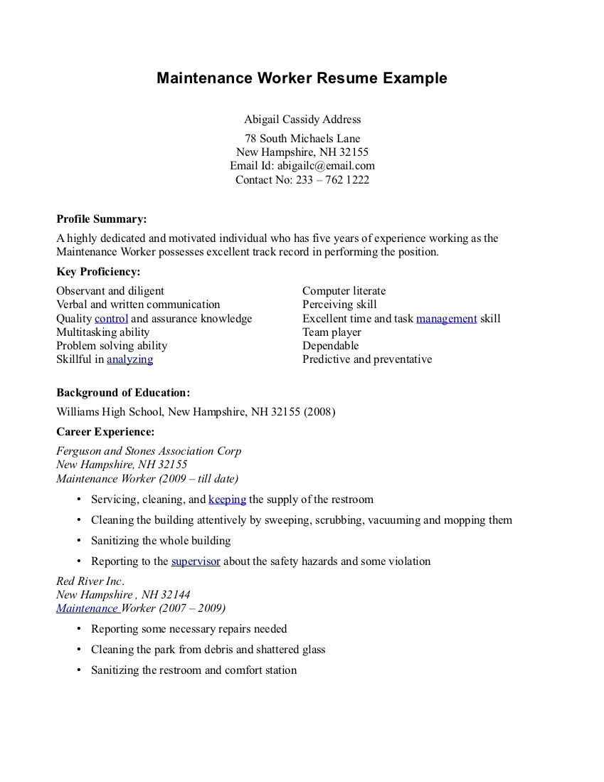 hotel maintenance resume sample