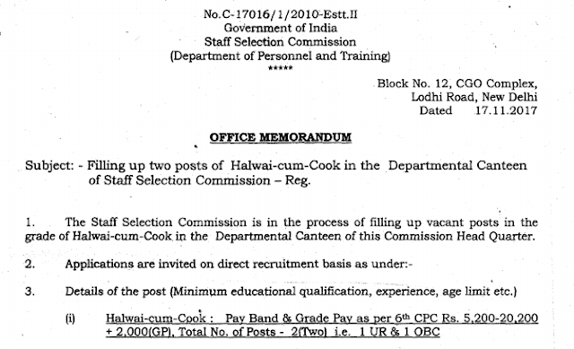 Filling up of the posts of Halwai-cum-Cook in the Departmental Canteen of Staff Selection Commission