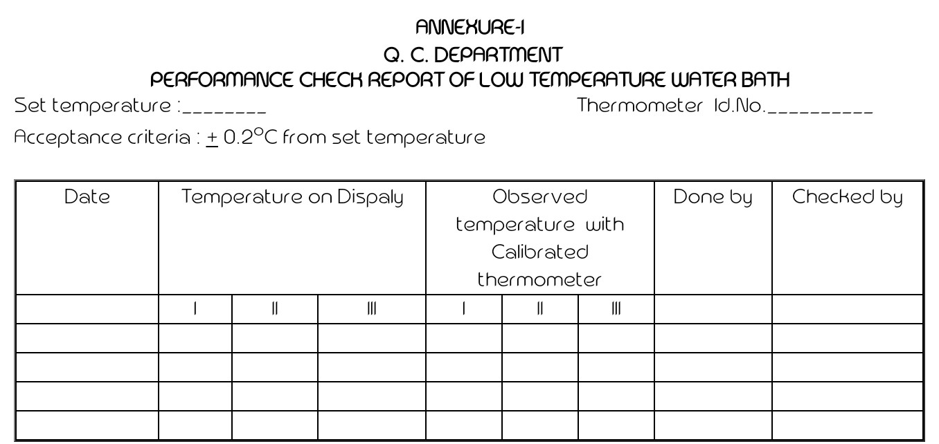 SOP for Performance Check of Low Temperature Water Bath