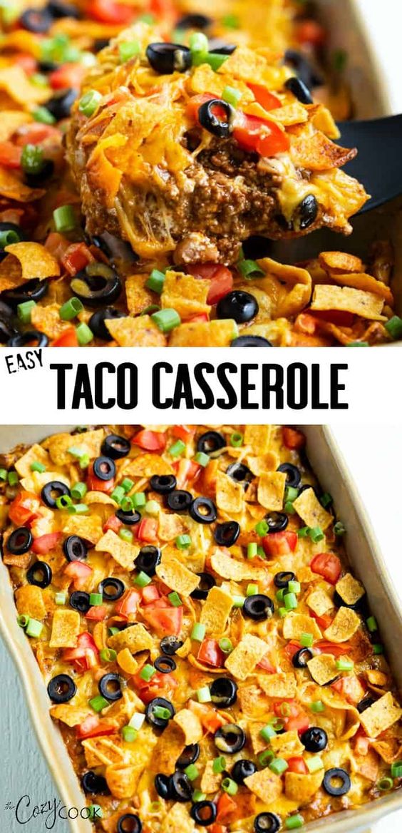 This Taco Casserole Recipe is loaded with all of your Mexican favorites and topped with Doritos, Fritos, or Tortilla Chips! It’s easy to assemble days ahead of time and bake later for an easy dinner!