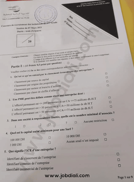 Exemple Concours des techniciens de 3ème grade 2021 HCP - Haut Commissariat au Plan