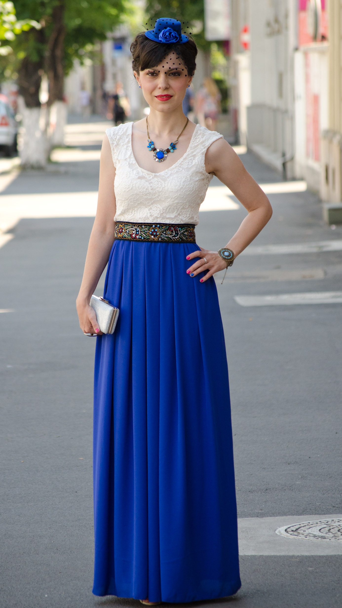 maxi dress cobalt blue white lace statement necklace blue topper hat wedding attire handmade waistband