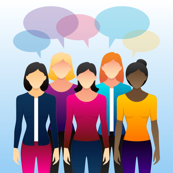 Mujeres opinando colorista en colores vivos y bocadillos de diálogo para introducir texto