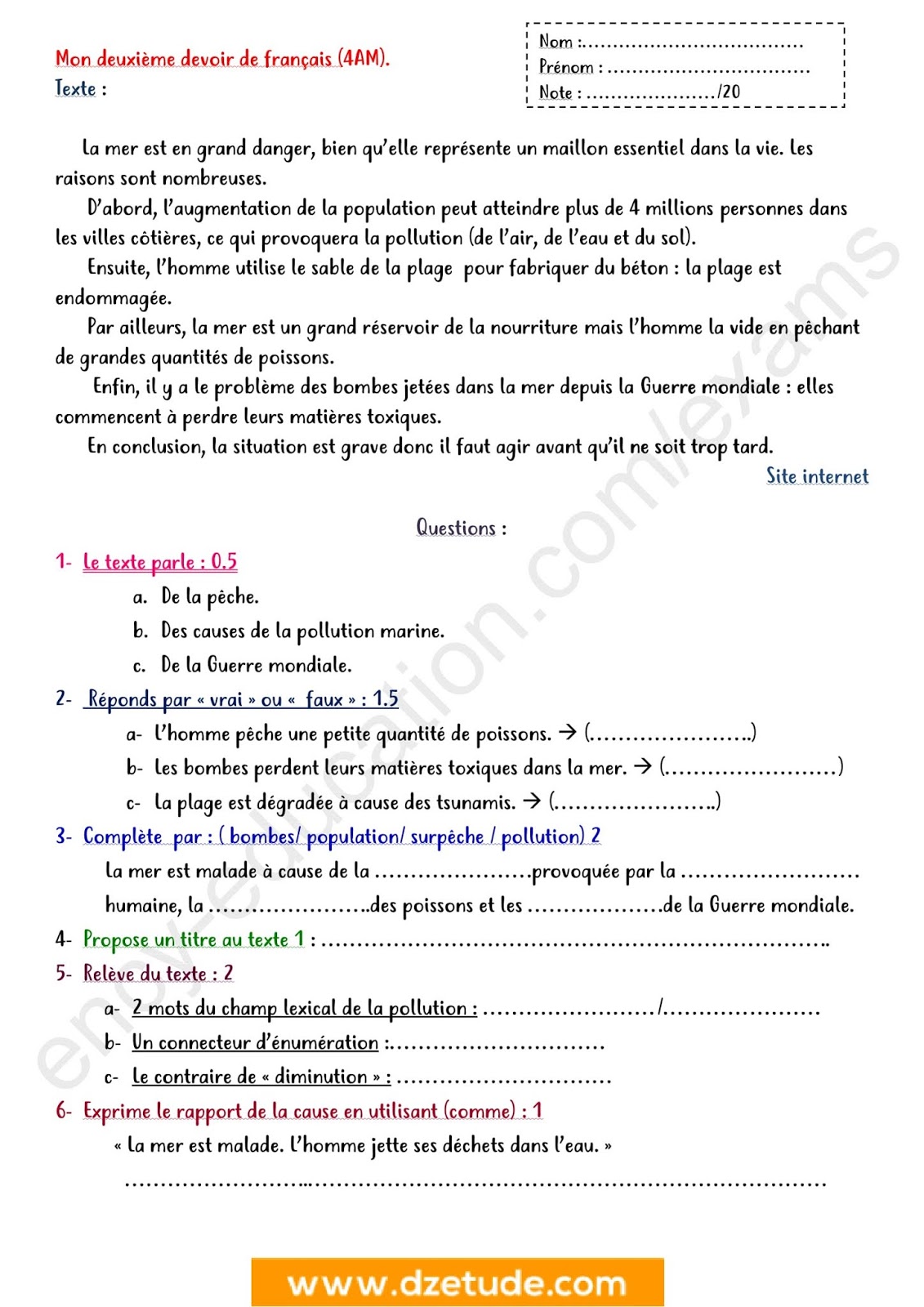 فرض الفصل الأول في اللغة الفرنسية للسنة الرابعة متوسط - الجيل الثاني نموذج 3