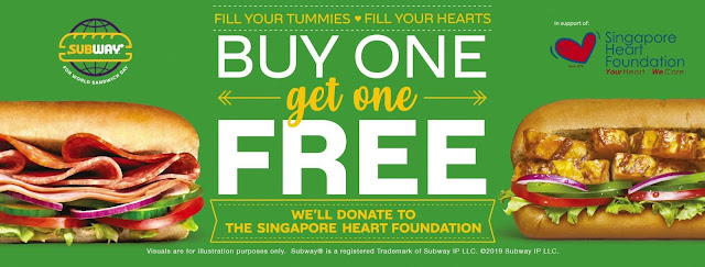 Subway One for One - 1 Day only (31st Oct) with donation to Singapore Heart Foundation