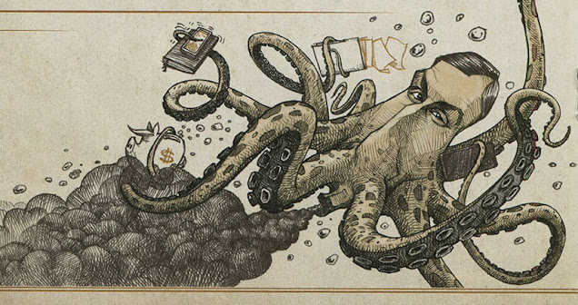 Caricature of a grotesque octopus with the face of Jared Kushner (Donald Trump's son-in-law) releasing ink while watching us and holding a piggy bank just like Trump.  It is a detail from a double-page spread published in Mad Magazine in 2019.