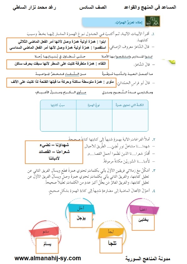 إملاء تعزيز الهمزات في اللغة العربية للصف السادس الفصل الثاني