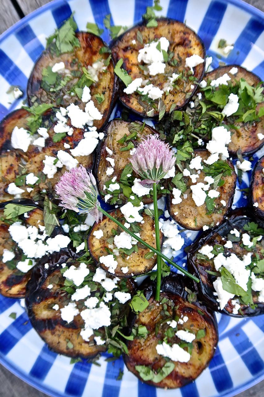 Scrumpdillyicious Grilled Eggplant with Feta, Herbs & Vinaigrette
