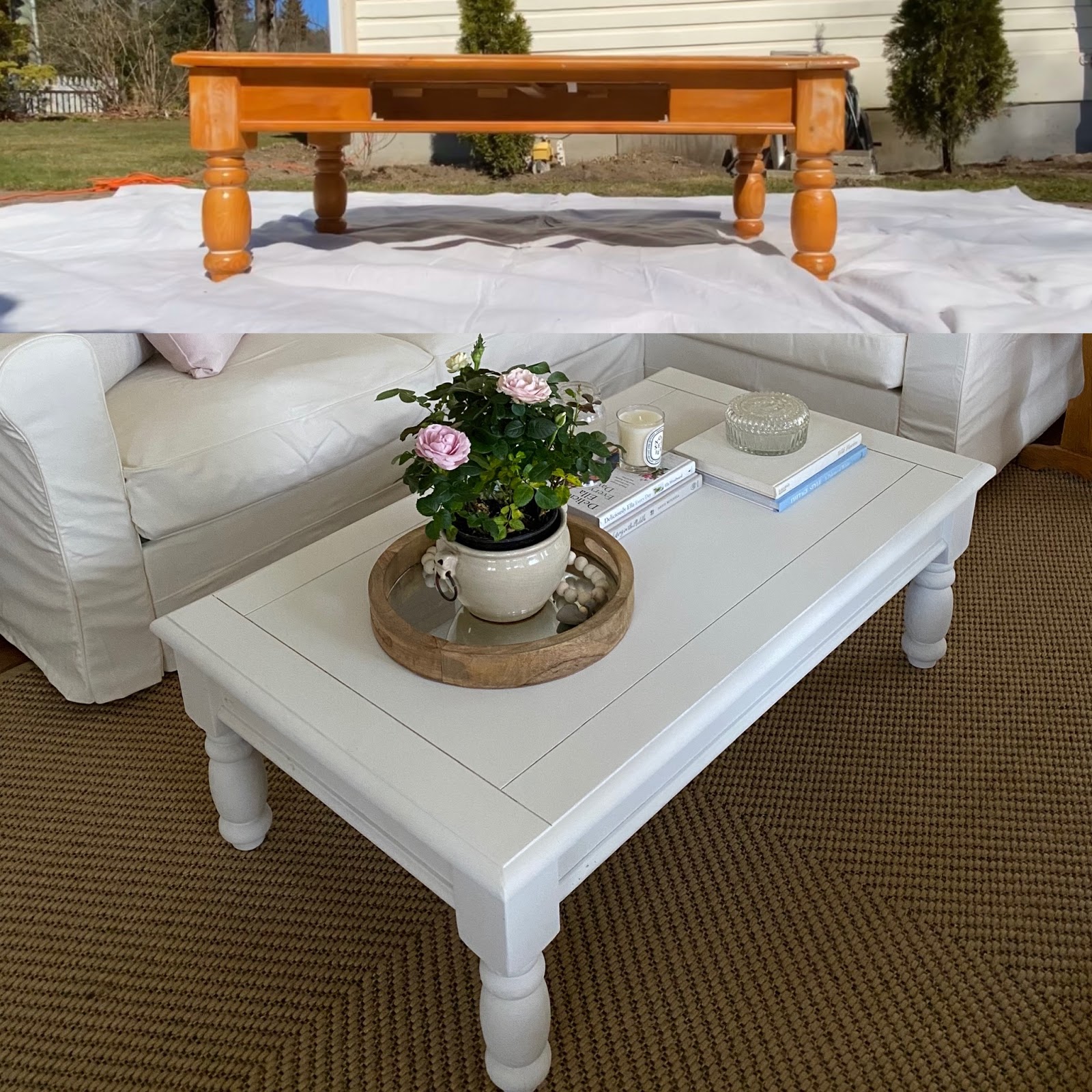 Transformed coffee table, shown before and after paint spraying, highlighting the effectiveness of chalk paint.