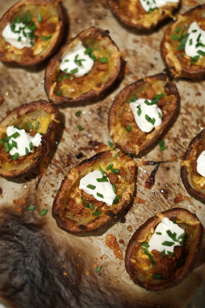 The Chubby Vegetarian UnFried Potato Skins with Smoked Coconut Bacon
