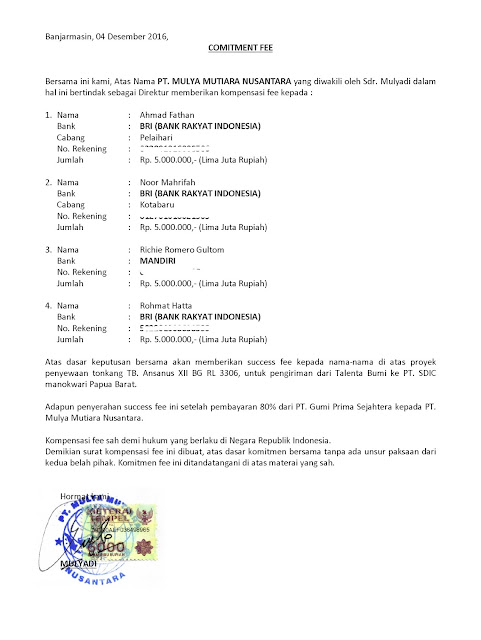 Pt Mulya Mutiara Nusantara Yang Memberikan Komitmen Fee