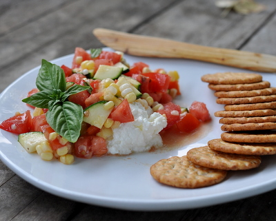 Creamy Ricotta with Tomato-Cucumber-Corn Salad Creamy Ricotta with Tomato-Cucumber-Corn Salad ♥ KitchenParade.com, a simple tomato-cucumber-corn salad served with Homemade Ricotta.