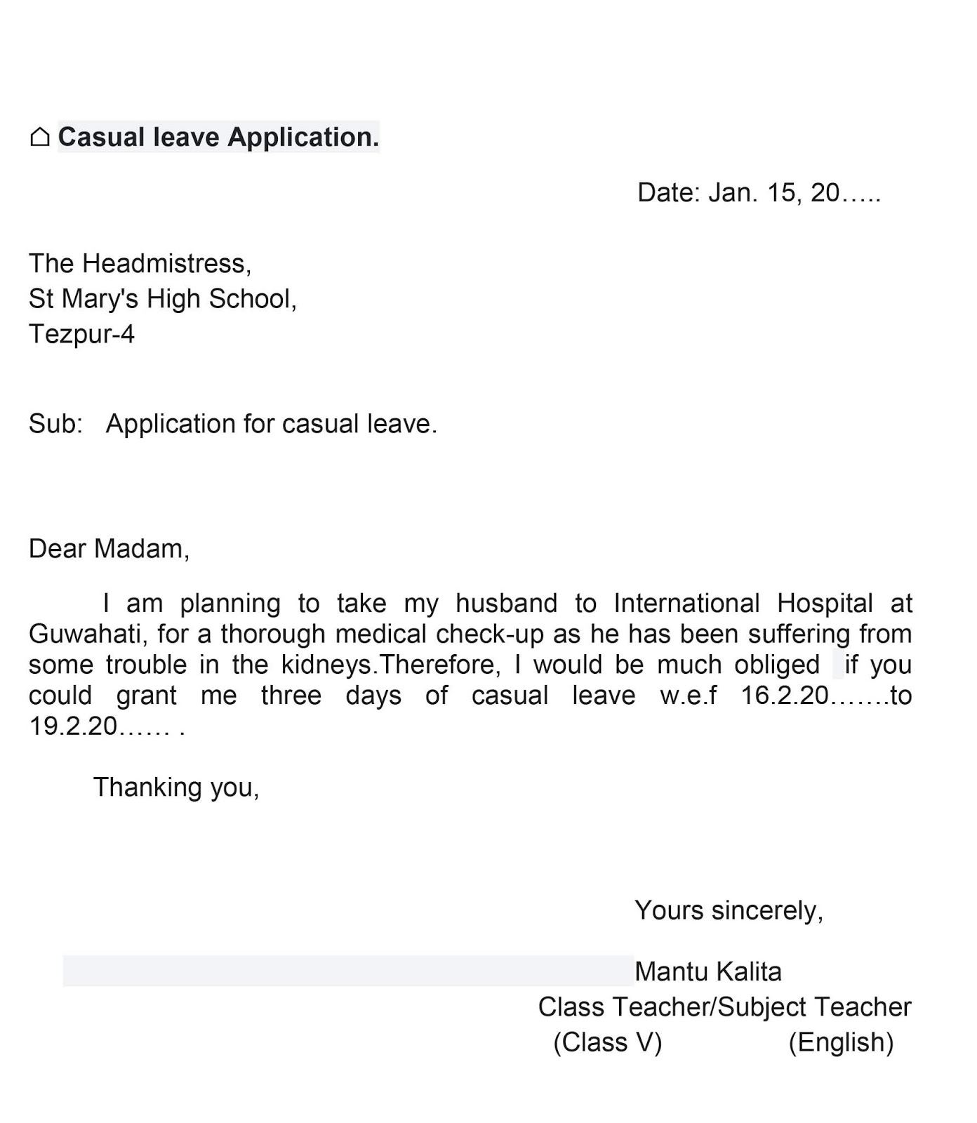 casual leave application letter sample