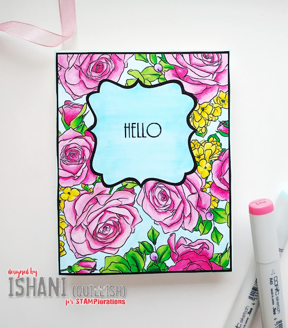Stamplorations, Digital stamp, Copic markers, Zig clean colour brush pens, stenciling, guest designing, Quillish, floral card, Everyday cards, cards by Ishani