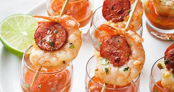 Shrimp and Chorizo Appetizers with Roasted Pepper Soup - Yummy