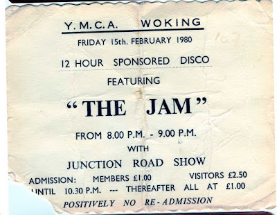 Ticket for 12 hour sponsored disco featuring The Jam at Woking YMCA 1980