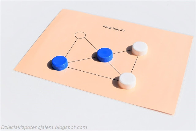 gry planszowe dla dzieci, na zdjęciu plansza do gry z czterema pionami za które posłużyły nakrętki po napojach w kolorze białym i niebieskim