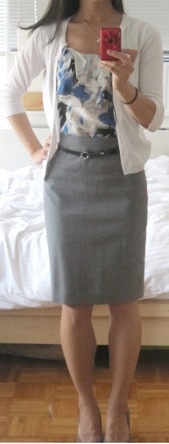 outfit post: grey pencil skirt, blue pattern tie-neck blouse, white ...