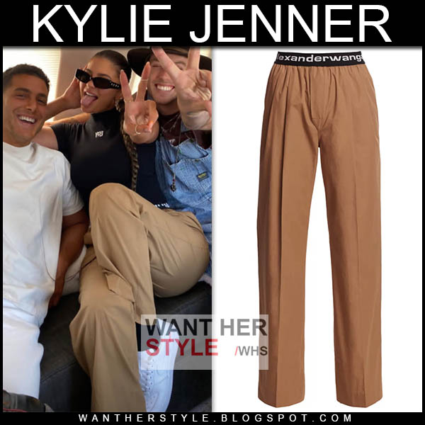 Kylie Jenner in brown trousers and black t-shirt on September 9 - gossip-glamb