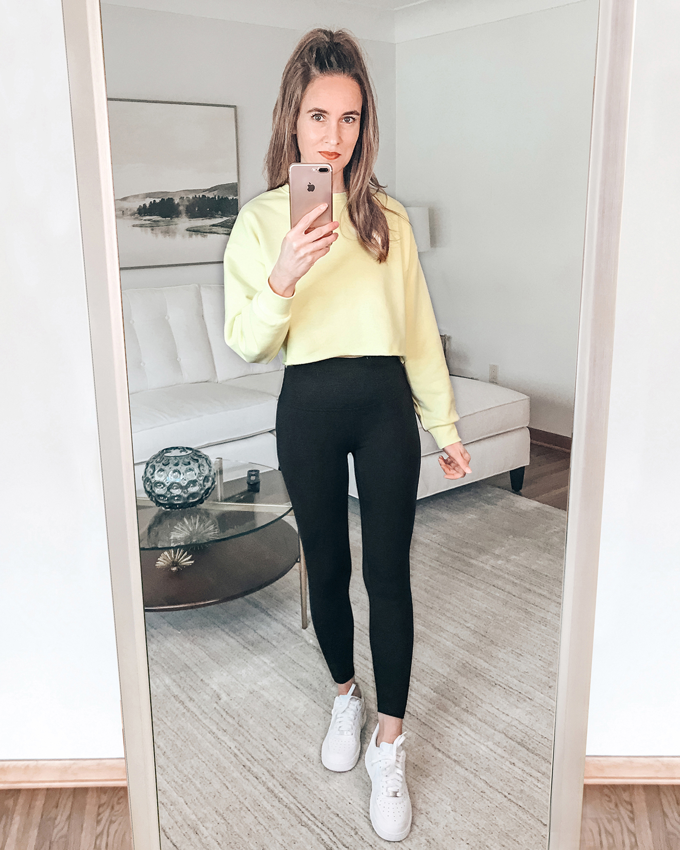Daily Style Finds: Yellow Sweatshirt, Black Leggings, Nike White Sneakers