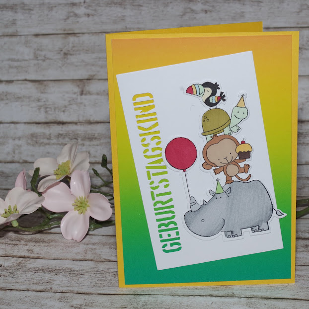[DIY] Kindergeburtstag mit Nashorn, Affe, Schildkröte und Vogel | Bunte Grußkarte für das Geburtstagskind