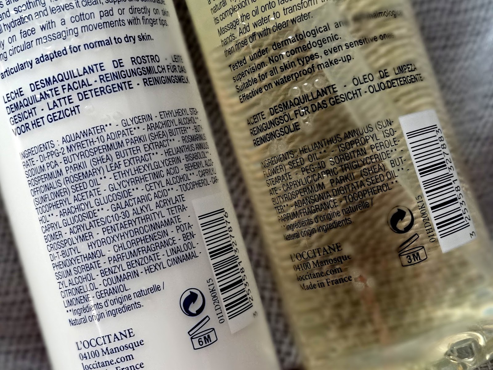 L'Occitane Shea Butter Cleansing Oil and Cleansing Milk Ingredients