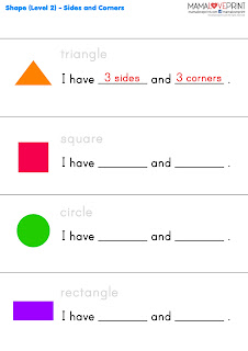 Mama Love Print 自製工作紙 K3 - 平面圖形的邊和角 How many sides and corners? Shape Kindergarten Math Worksheet Free Download