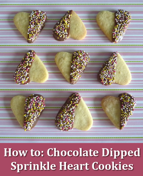 Finished Chocolate Dipped Cookie Hearts With Sprinkles for Valentine's Day Easy Make Bake Treats Sweet