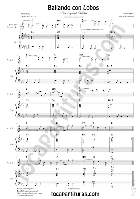  Saxofón Alto y Sax Barítono Partitura Bailando con Lobos Sheet Music for Alto and Baritone Saxophone Music Scores