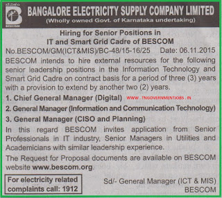 Applications are invited from experienced professional for in senior leadership positions in BESCOM Bengaluru on contract basis appointment