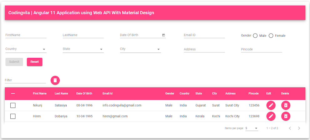 Angular 11 CRUD Application using Web API With Material Design