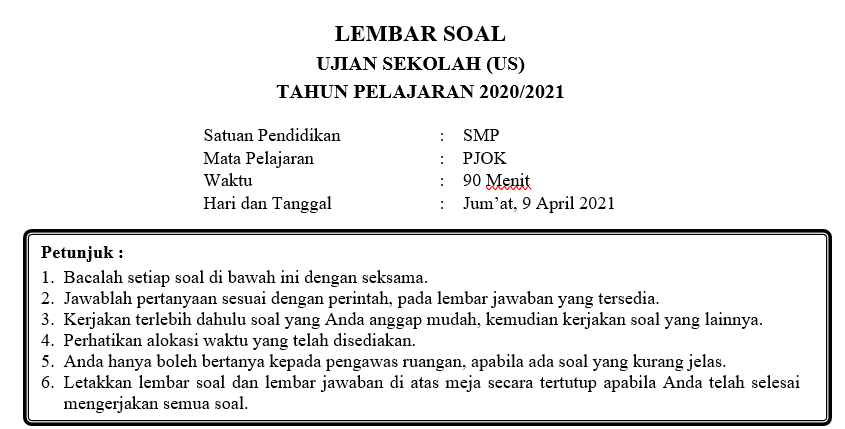 Soal Dan Kunci Jawaban Ujian Sekolah Pjok Smp Tahun Pelajaran 2020 2021 Kurikulum Darurat Didno76 Com