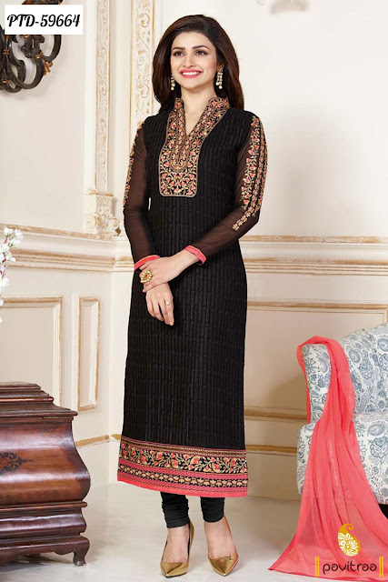 Prachi desai black color santoon bollywood salwar suit online at cheap cost