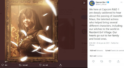 Tweet da Capcom confirmando morte de atriz Morre Jeanette Maus