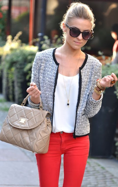 Street style red pants and textured blazer | Luvtolook | Virtual Styling