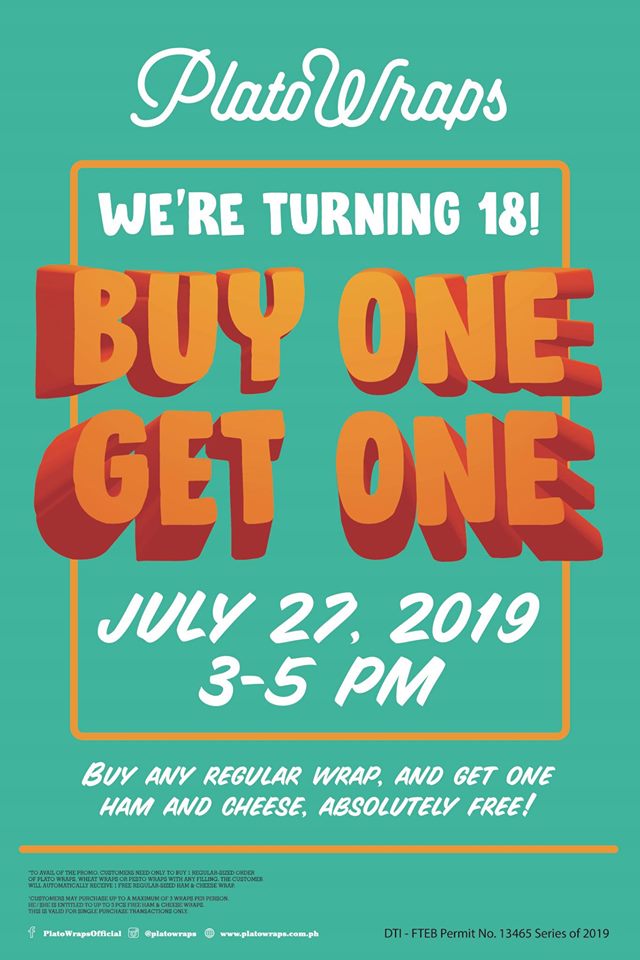 Manila Shopper Plato Wraps Buy1 Get1 Anniv Promo July 27 2019