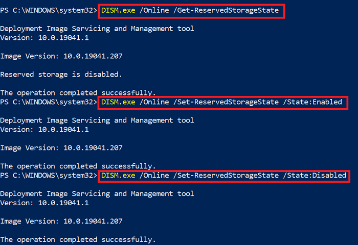 Команды DISM для включения или отключения зарезервированного хранилища в Windows 10