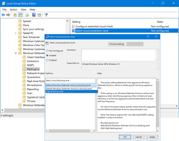 Rafforza la protezione di Windows Defender in Windows 10