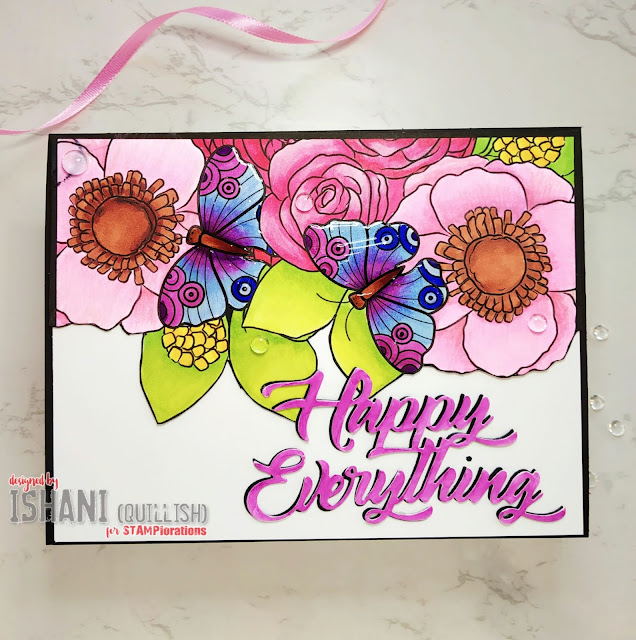 Stamplorations Fluttery garden A2 card front, stamplorations Happy Everything Phrase Die-CUTplorations., Stamplorations digital stamp card, Stamplorations digi card, Stamplorations coffee card, Feminine card, card for a girl, Quillish
