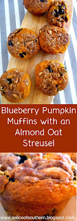 Blueberry Pumpkin Muffins with an Almond Oat Streusel:  Tender savory pumpkin flavored muffins bursting with bright blueberries and topped with the most decadent almond oat streusel! - Slice of Southern