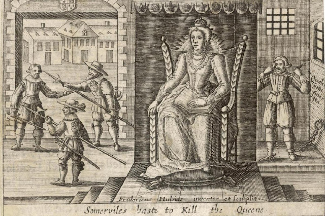 Джон Сомервилл планирует убить Елизавету I, но обнаружен. Его отправили в Лондонский Тауэр, где он покончил с собой. Дата: 1583