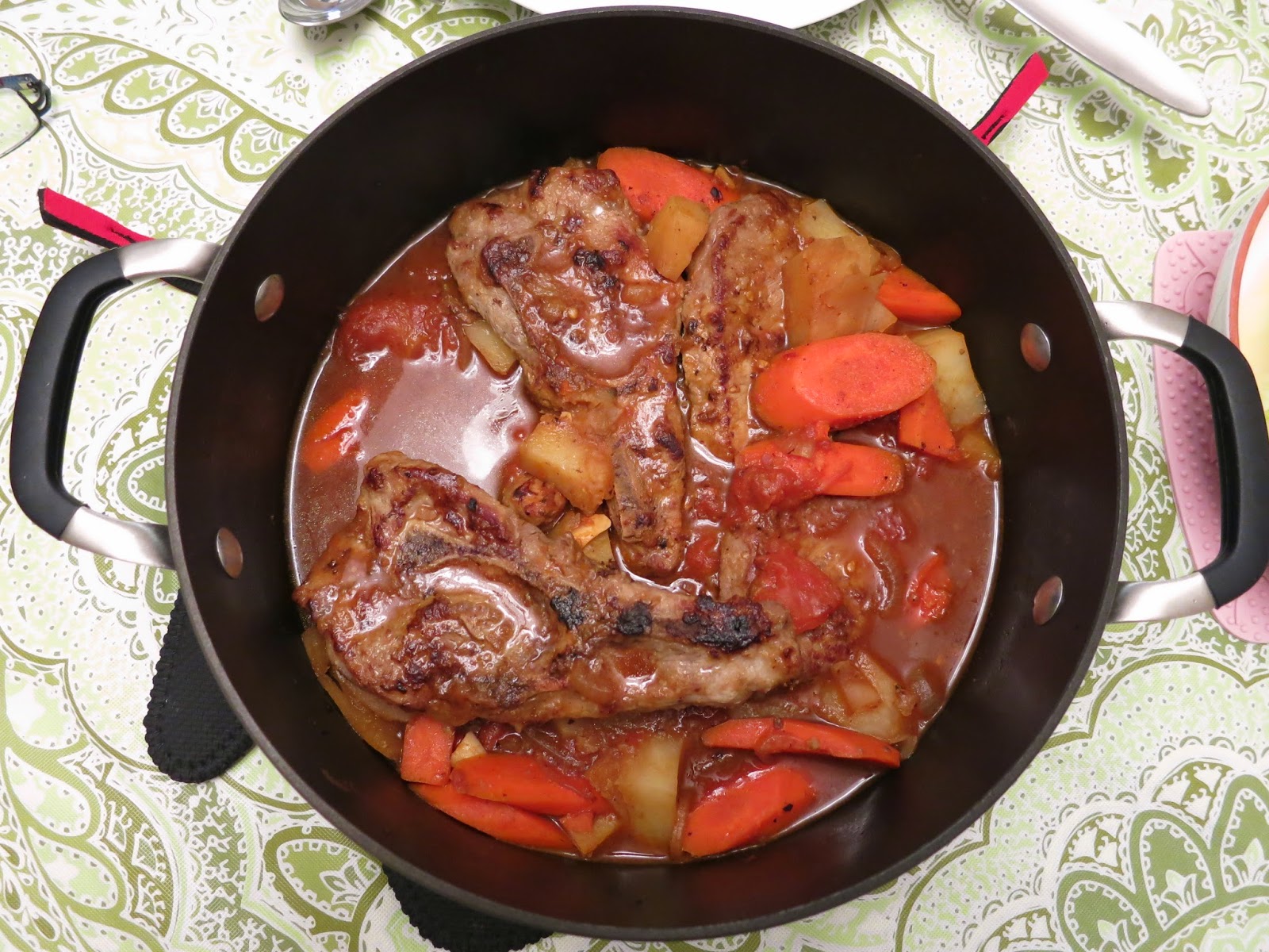 pieces of m Pork Chop Stew With Carrots, Tomatoes, & Potatoes + Napa