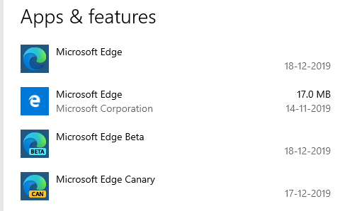 Canario beta estable heredado de Microsoft Edge instalado