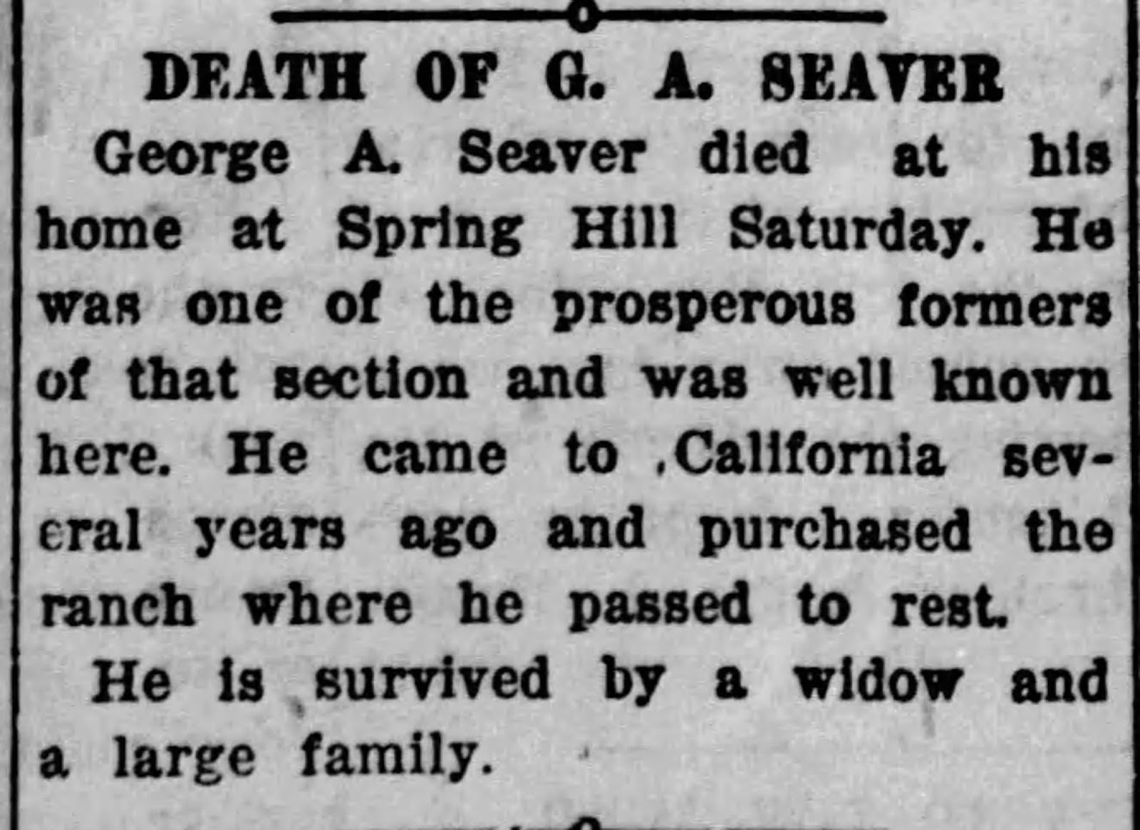 GeneaMusings Seavers in the News G.A. Seaver Died in 1918 in