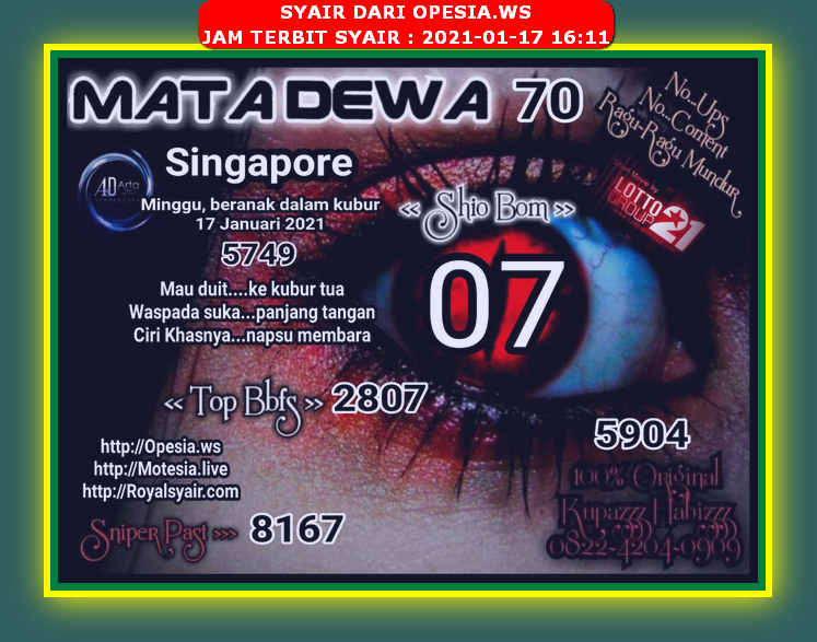 Syair Sgp Hari Ini Minggu 17 Januari 2021 Opesia Official