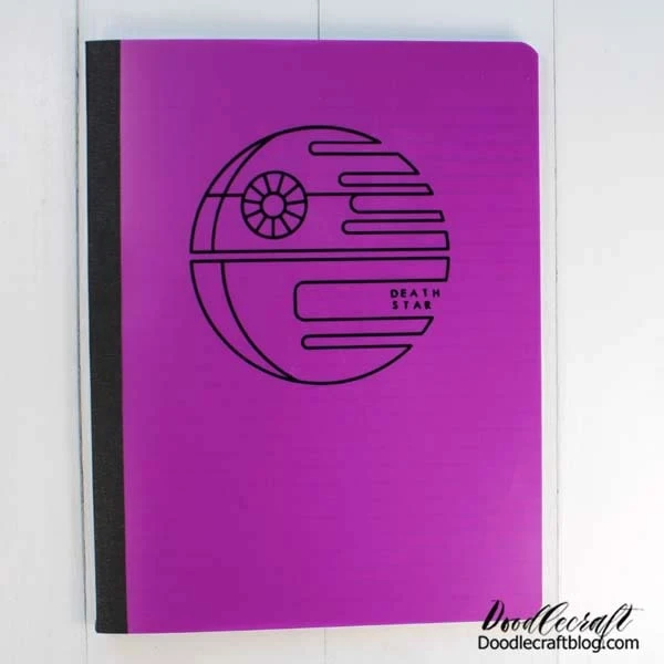 Fuchsia notebook with black vinyl Death Star on the front. Make your own Star Wars notebooks with the Cricut.