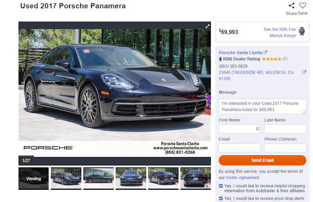上圖這台是美國買車網站(autotrader.com)上找到的2017五門Porsche保時捷 PANAMERA，  這台車很漂亮喔！里程數24,555英里，在網站上的價格為69,993美金，以Car2TW的經驗這台保時捷PANAMERA辦到好的價格預估位落在420萬台幣左右，是不是覺得不便宜，  當然外匯車是一分錢一分貨，為什麼這台車比一般行情來的貴呢？  來看一下2017五門Porsche保時捷 PANAMERA有那些配備，  從下圖可以看到這台2017五門Porsche PANAMERA有ParkAssist前後停車傳感器、電子穩定控制（ESC）、皮革方向盤、大螢幕等，