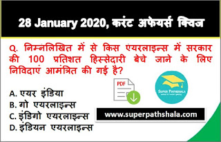 Daily Current Affairs Quiz in Hindi 28 January 2020